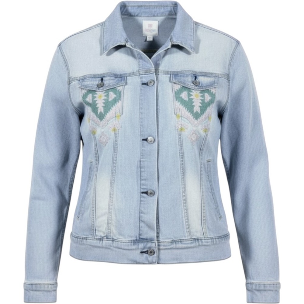 LuLaRoe Jaxon Denim Jacket Womens 2XL Light Wash Southwestern Embroidered Boho